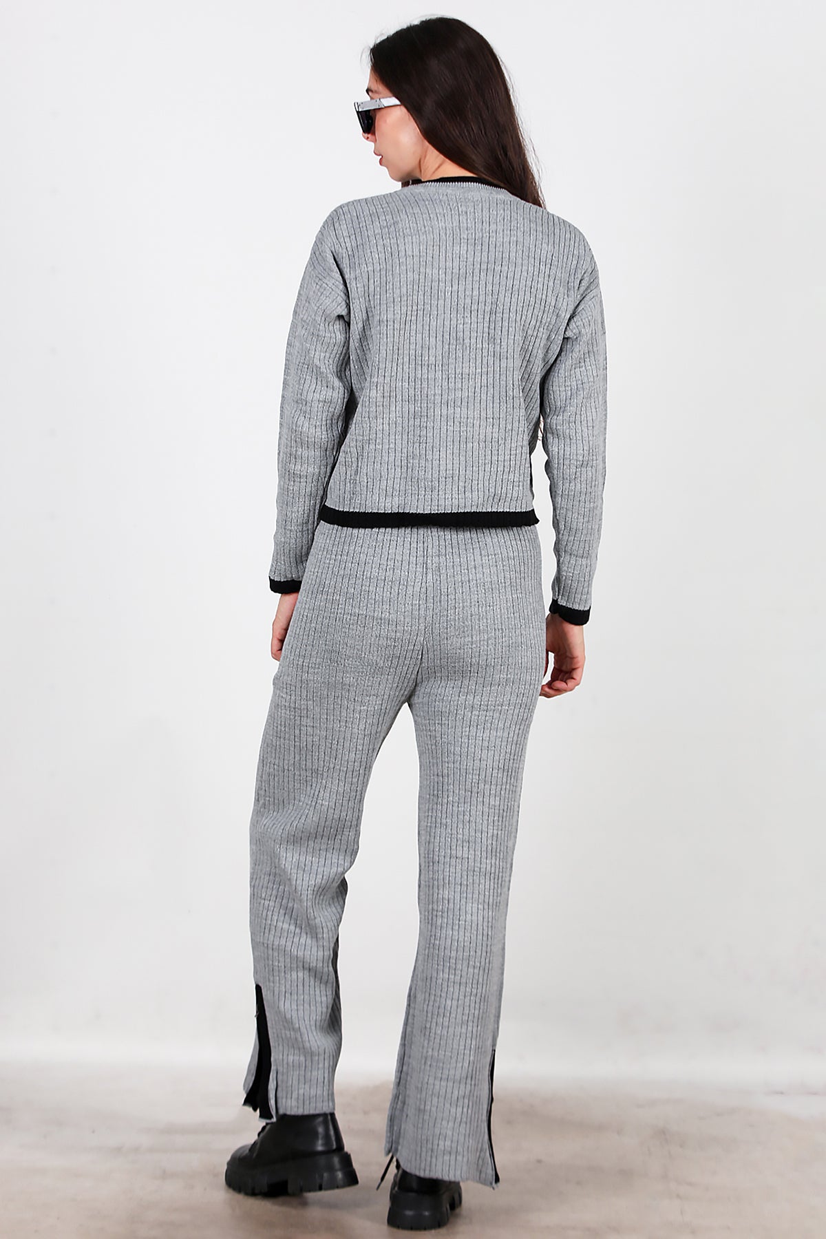 Kadın Garnili Paça Fermuarlı Triko Takım Antrasit