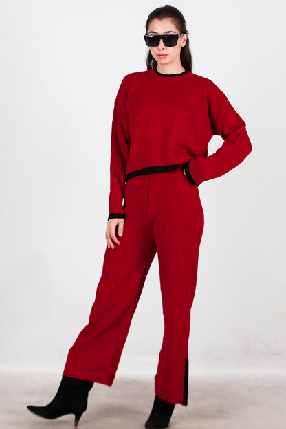 Kadın Garnili Paça Fermuarlı Triko Takım  Bordo