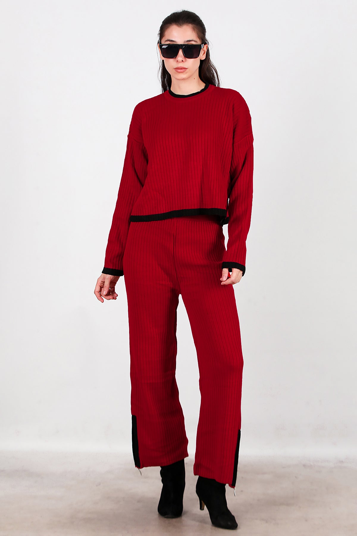 Kadın Garnili Paça Fermuarlı Triko Takım  Bordo