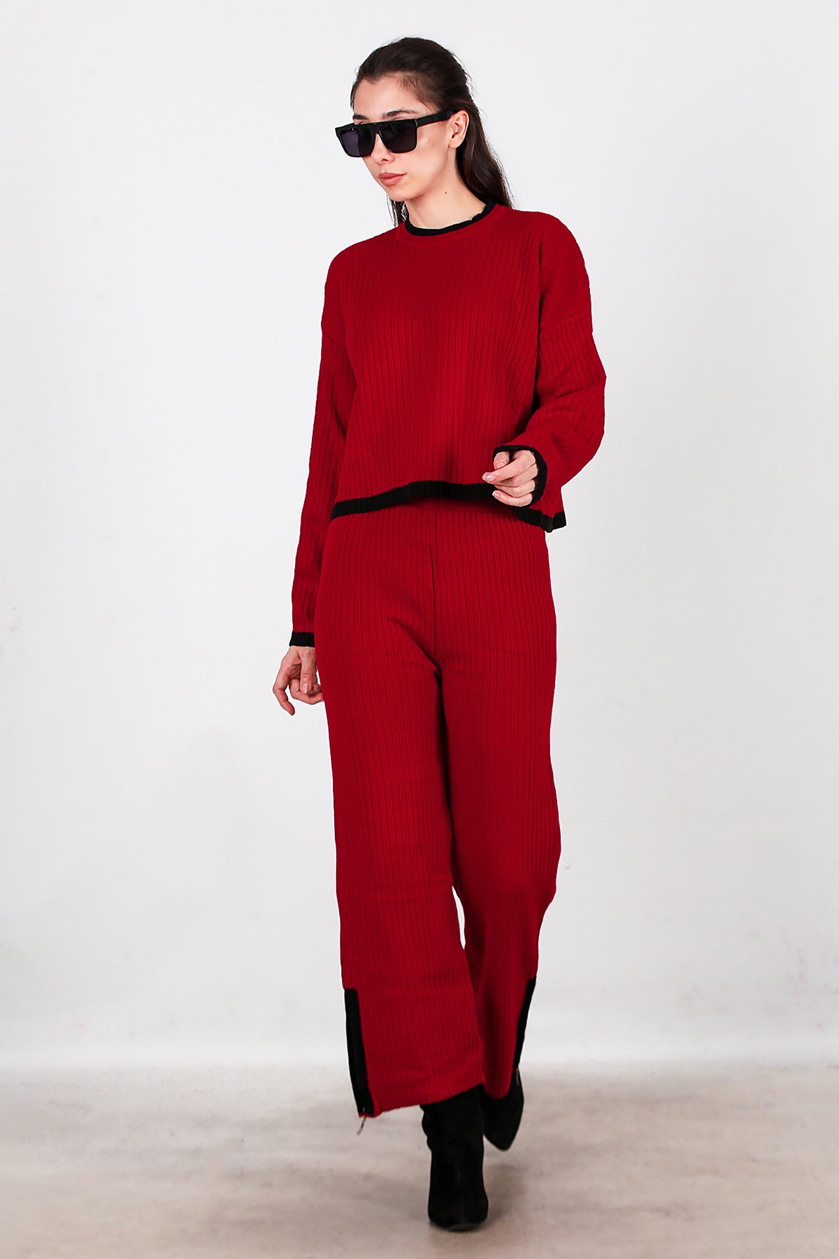 Kadın Garnili Paça Fermuarlı Triko Takım  Bordo