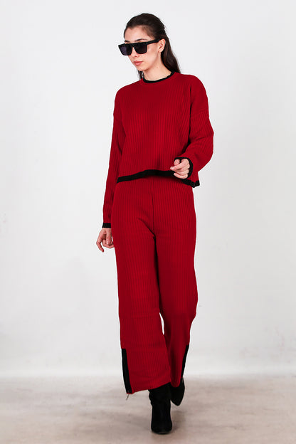 Kadın Garnili Paça Fermuarlı Triko Takım  Bordo