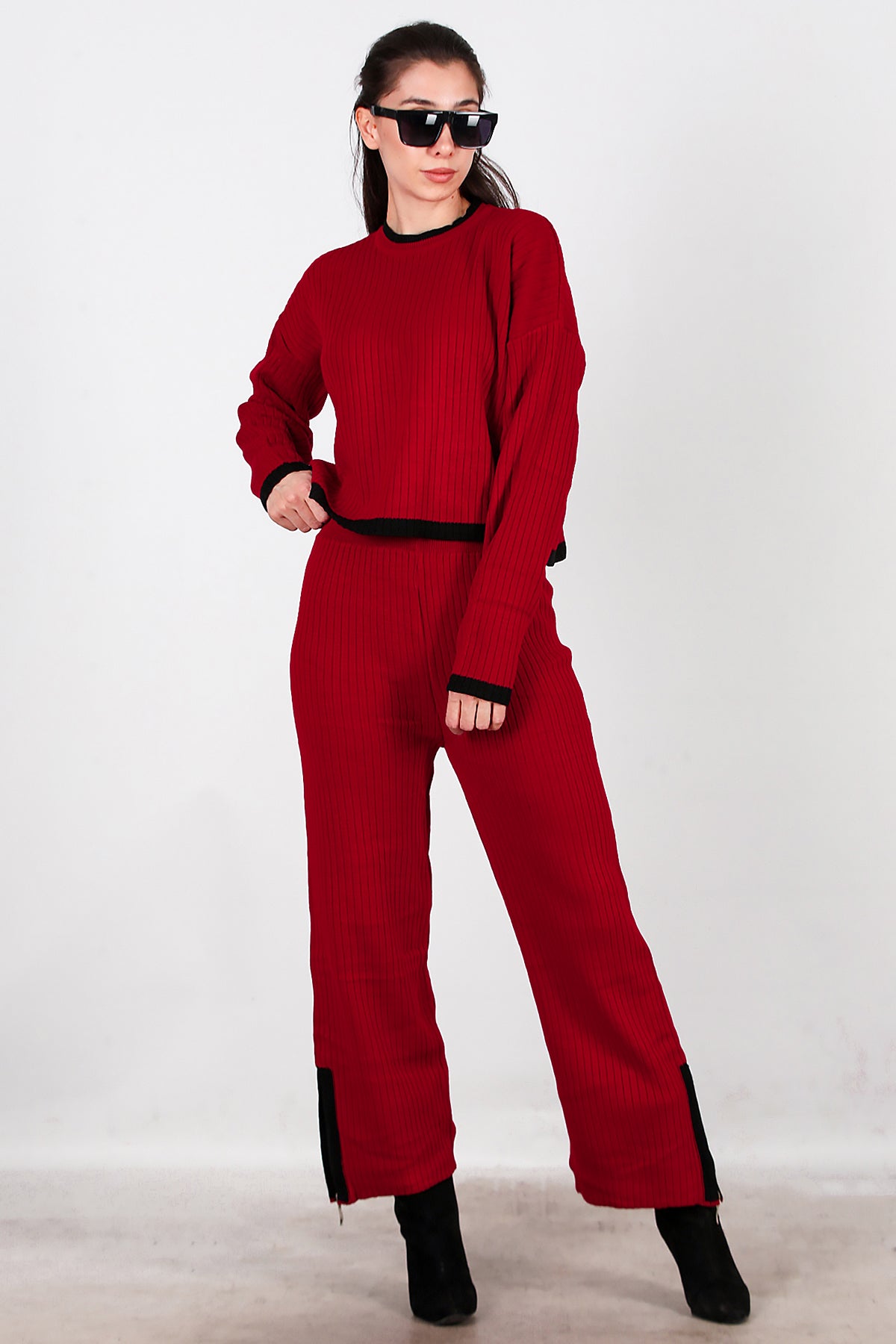 Kadın Garnili Paça Fermuarlı Triko Takım  Bordo