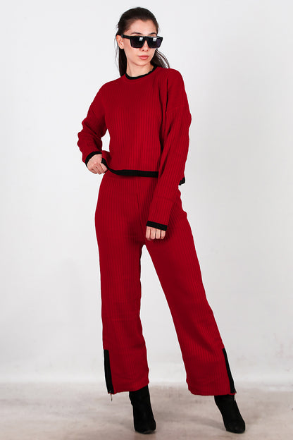 Kadın Garnili Paça Fermuarlı Triko Takım  Bordo