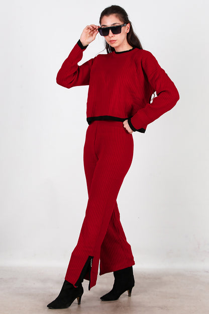 Kadın Garnili Paça Fermuarlı Triko Takım  Bordo