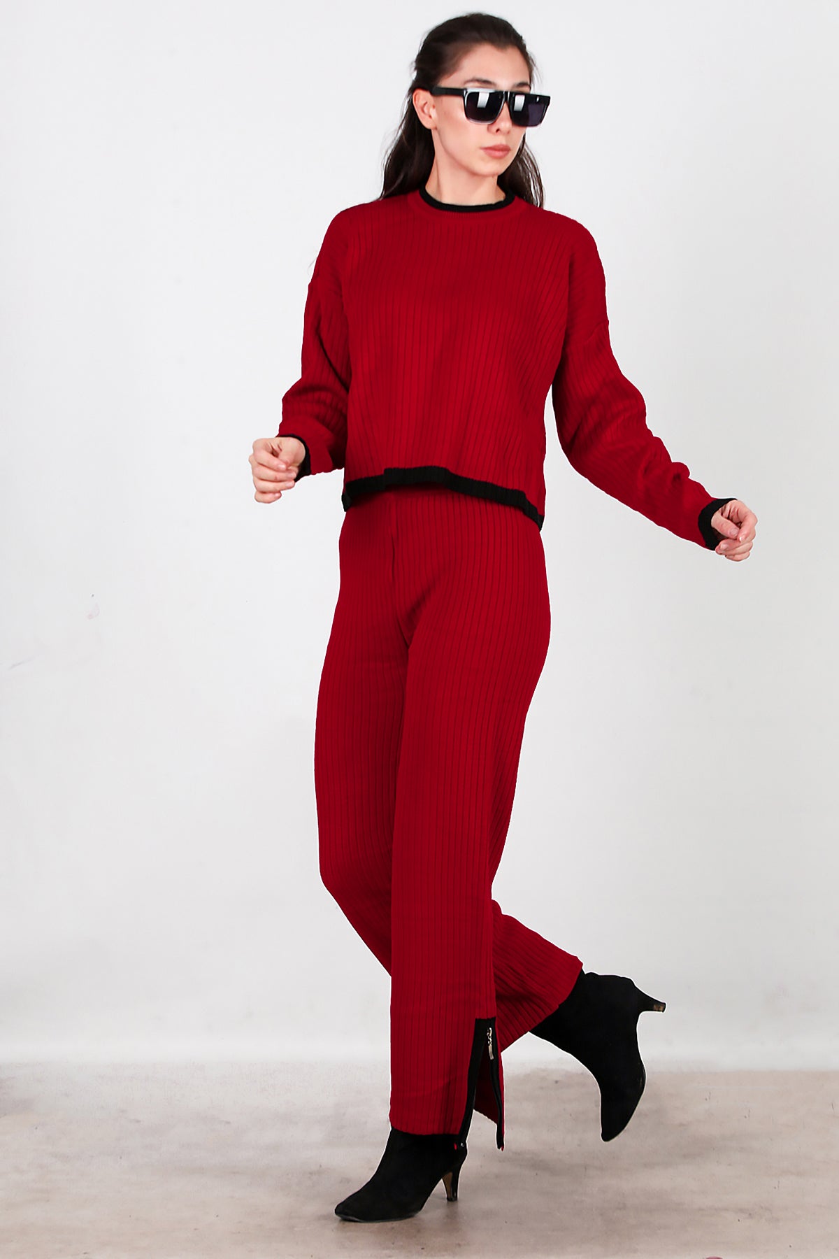 Kadın Garnili Paça Fermuarlı Triko Takım  Bordo