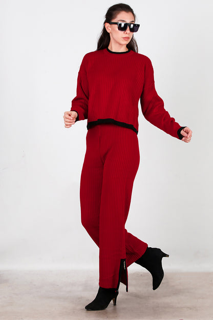 Kadın Garnili Paça Fermuarlı Triko Takım  Bordo