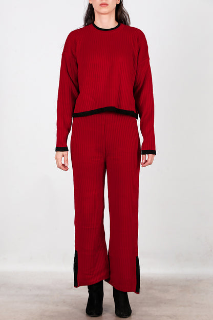 Kadın Garnili Paça Fermuarlı Triko Takım  Bordo