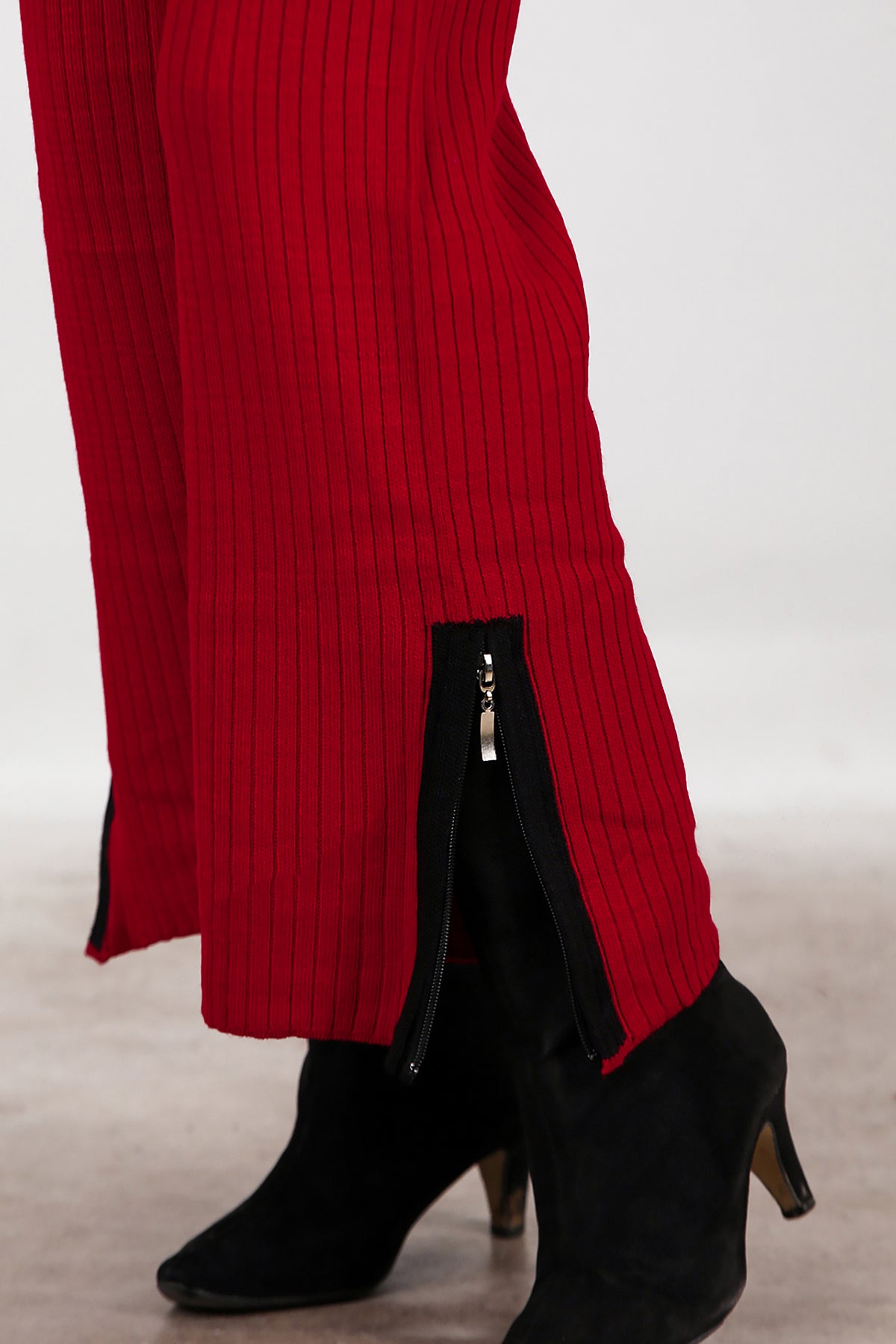 Kadın Garnili Paça Fermuarlı Triko Takım  Bordo