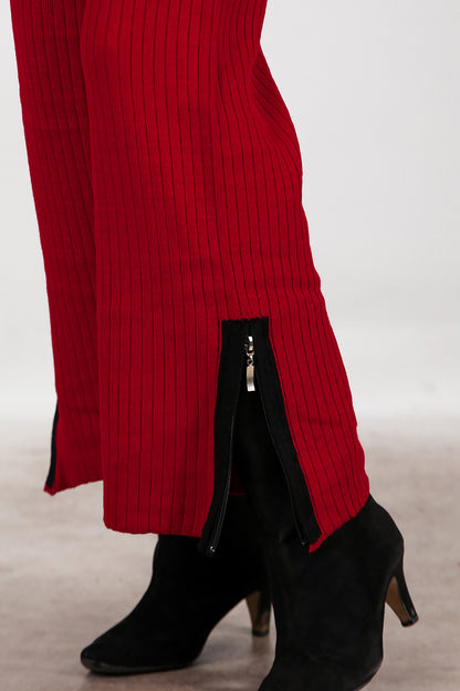 Kadın Garnili Paça Fermuarlı Triko Takım  Bordo