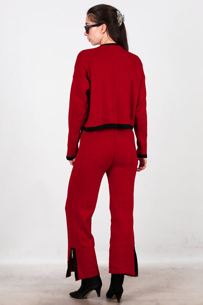 Kadın Garnili Paça Fermuarlı Triko Takım  Bordo