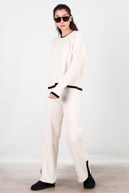 Kadın Garnili Paça Fermuarlı Triko Takım Ekru