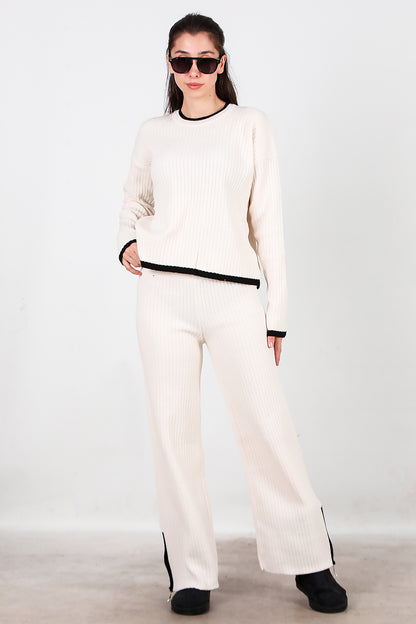 Kadın Garnili Paça Fermuarlı Triko Takım Ekru
