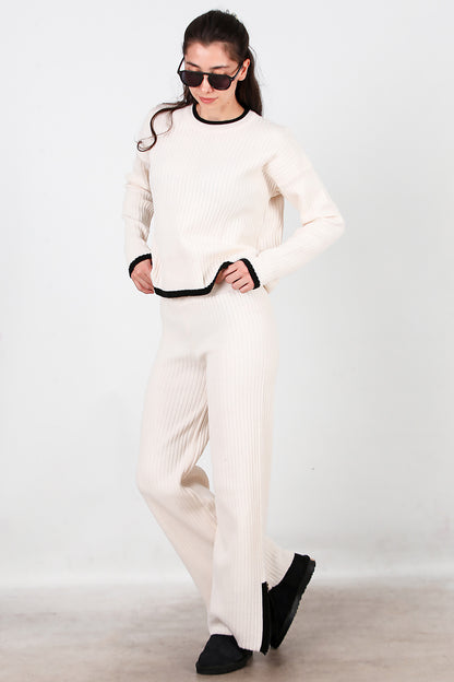 Kadın Garnili Paça Fermuarlı Triko Takım Ekru