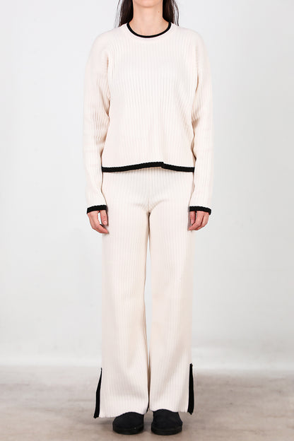 Kadın Garnili Paça Fermuarlı Triko Takım Ekru