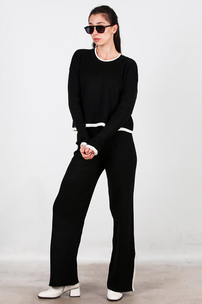 Kadın Garnili Paça Fermuarlı Triko Takım Siyah