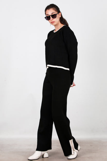 Kadın Garnili Paça Fermuarlı Triko Takım Siyah