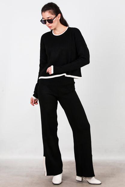 Kadın Garnili Paça Fermuarlı Triko Takım Siyah