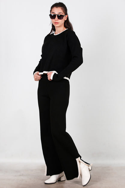 Kadın Garnili Paça Fermuarlı Triko Takım Siyah