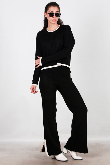 Kadın Garnili Paça Fermuarlı Triko Takım Siyah
