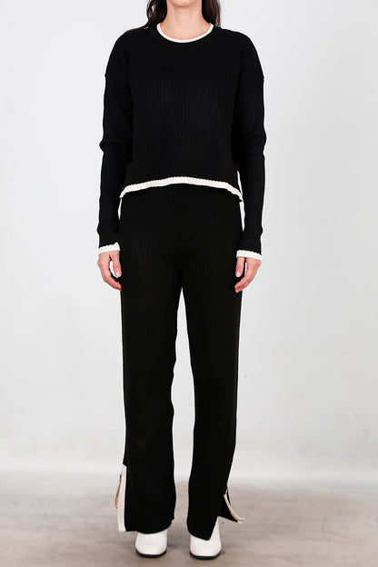 Kadın Garnili Paça Fermuarlı Triko Takım Siyah