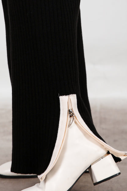 Kadın Garnili Paça Fermuarlı Triko Takım Siyah