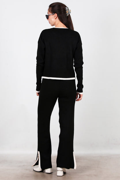 Kadın Garnili Paça Fermuarlı Triko Takım Siyah