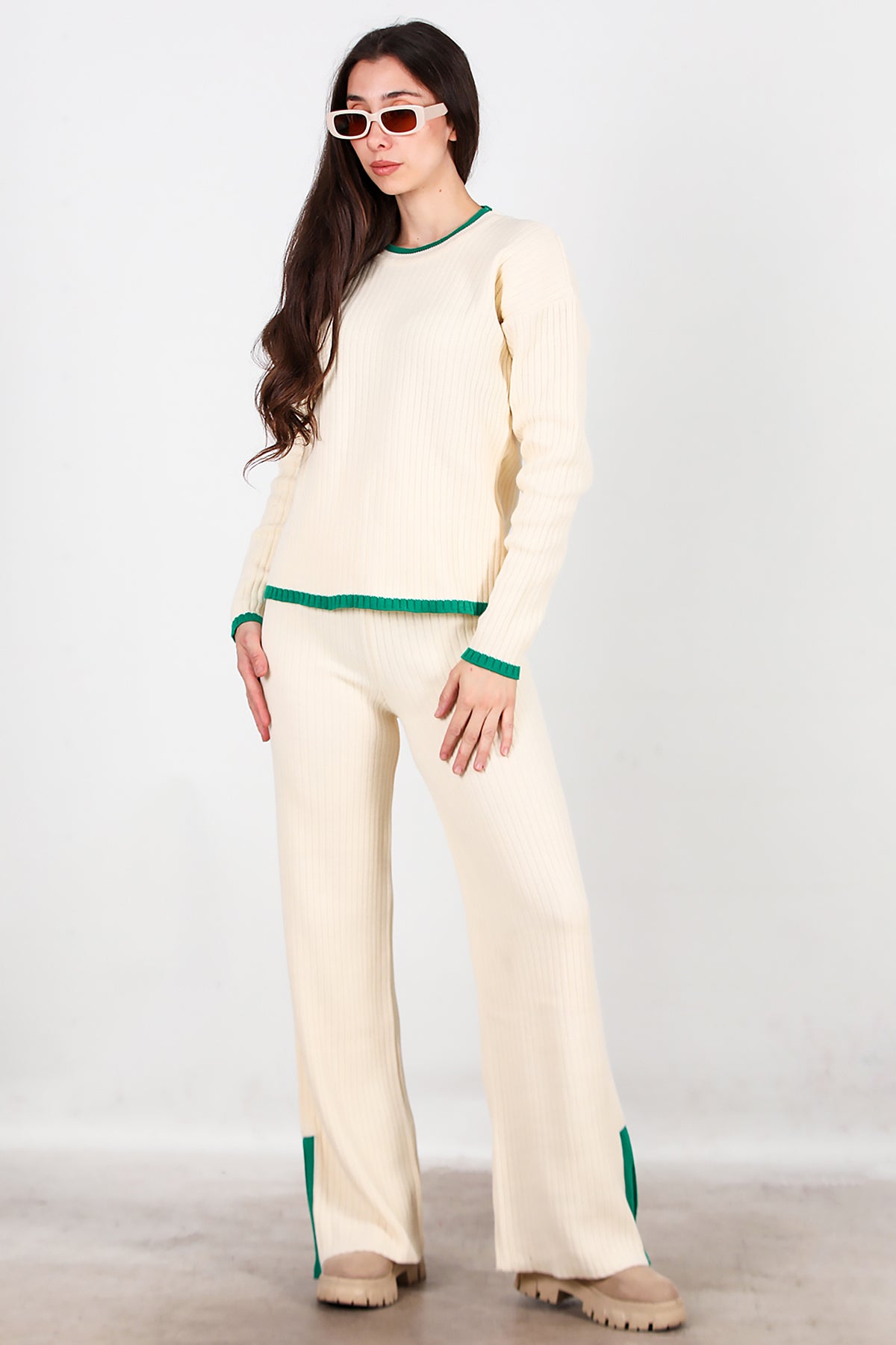 Kadın Garnili Paça Fermuarlı Triko Takım Yeşil