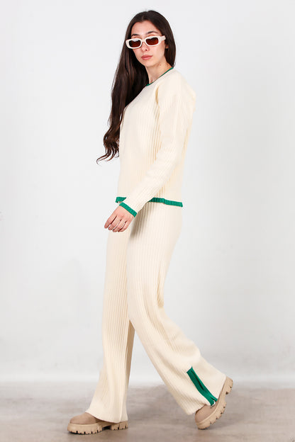 Kadın Garnili Paça Fermuarlı Triko Takım Yeşil