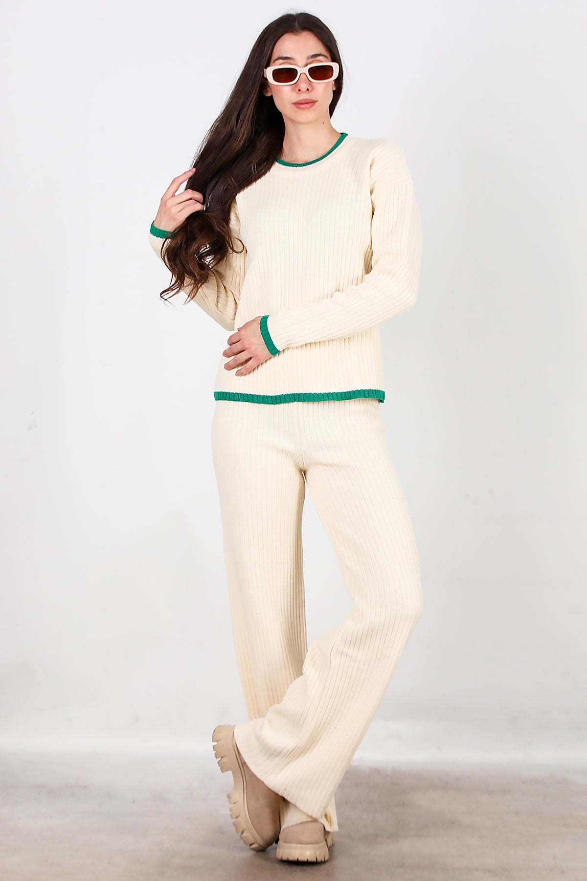 Kadın Garnili Paça Fermuarlı Triko Takım Yeşil