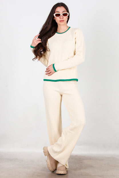Kadın Garnili Paça Fermuarlı Triko Takım Yeşil