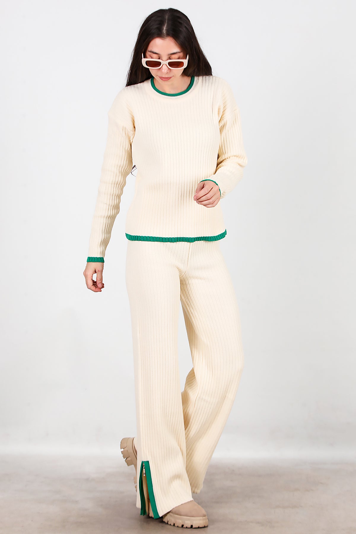 Kadın Garnili Paça Fermuarlı Triko Takım Yeşil