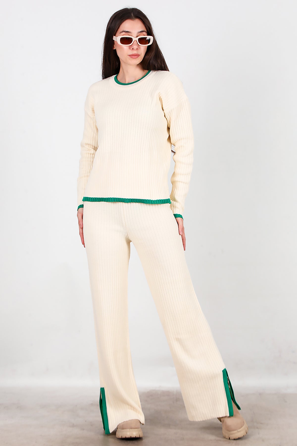 Kadın Garnili Paça Fermuarlı Triko Takım Yeşil