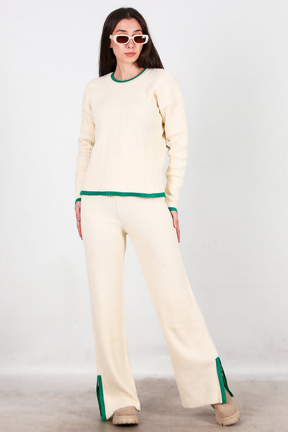 Kadın Garnili Paça Fermuarlı Triko Takım Yeşil