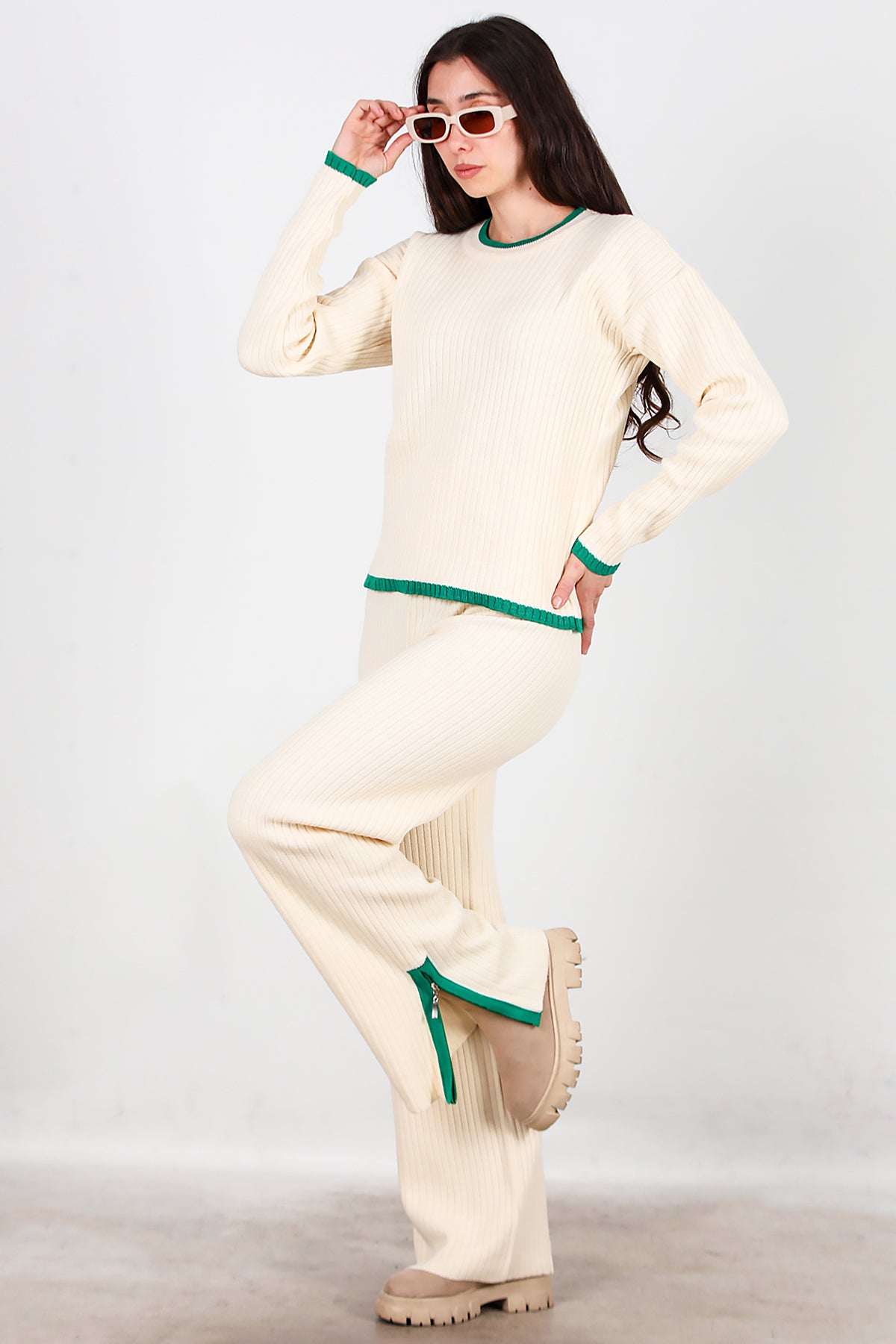 Kadın Garnili Paça Fermuarlı Triko Takım Yeşil