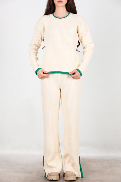 Kadın Garnili Paça Fermuarlı Triko Takım Yeşil