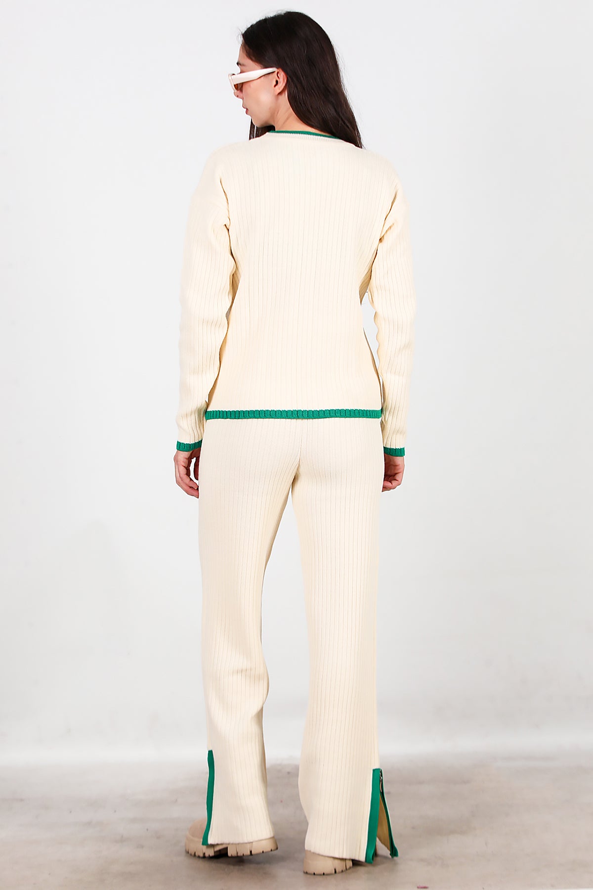 Kadın Garnili Paça Fermuarlı Triko Takım Yeşil