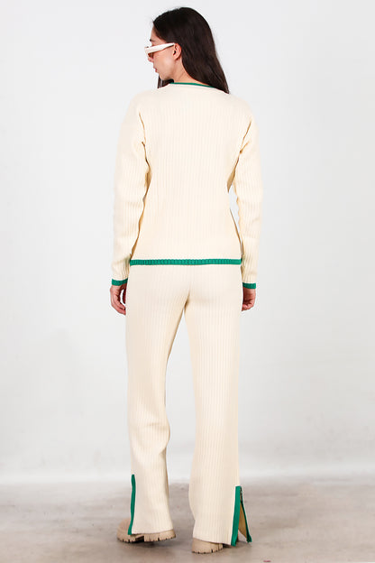 Kadın Garnili Paça Fermuarlı Triko Takım Yeşil