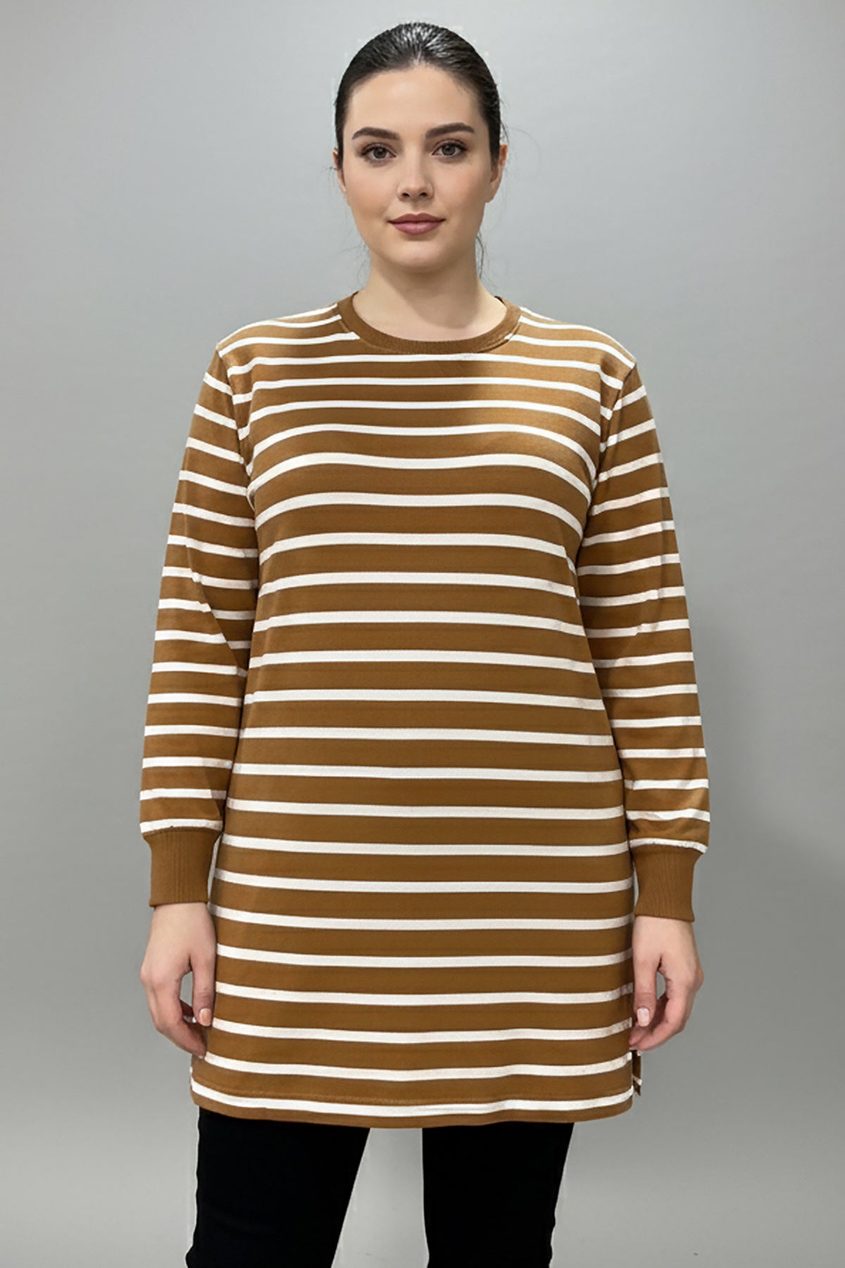 Büyük Beden Yan Yırtmaçlı Bisiklet Yaka Çizgili Tunik Bej