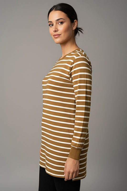 Büyük Beden Yan Yırtmaçlı Bisiklet Yaka Çizgili Tunik Bej