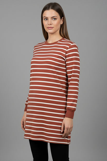 Büyük Beden Yan Yırtmaçlı Bisiklet Yaka Çizgili Tunik Gül Kurusu