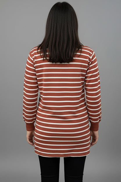 Büyük Beden Yan Yırtmaçlı Bisiklet Yaka Çizgili Tunik Gül Kurusu