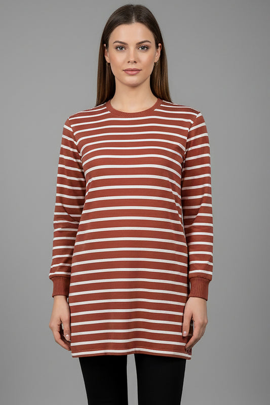 Büyük Beden Yan Yırtmaçlı Bisiklet Yaka Çizgili Tunik Gül Kurusu