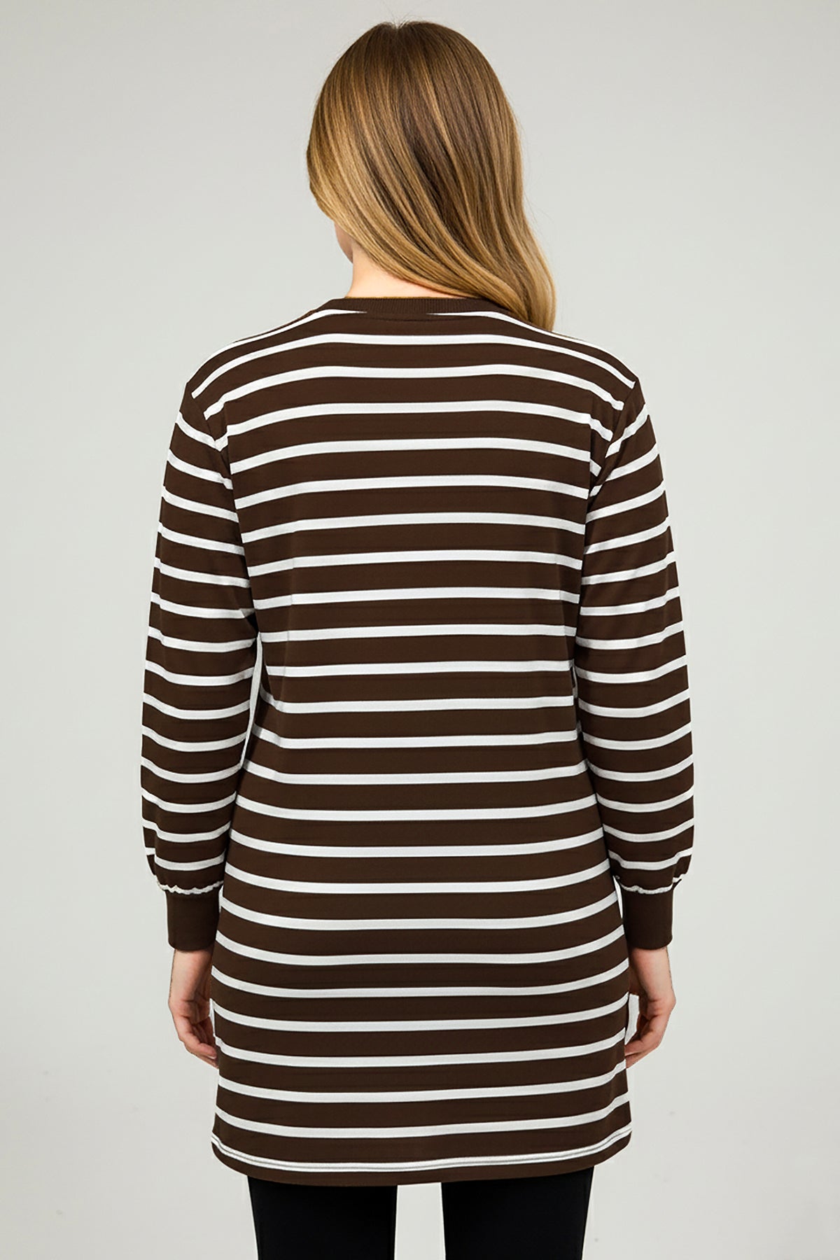 Büyük Beden Yan Yırtmaçlı Bisiklet Yaka Çizgili Tunik Kahverengi