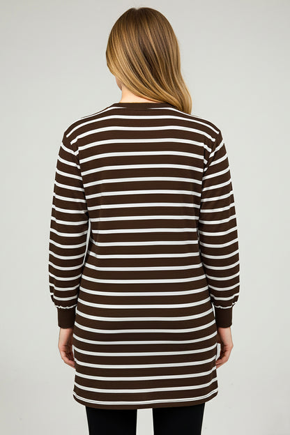 Büyük Beden Yan Yırtmaçlı Bisiklet Yaka Çizgili Tunik Kahverengi