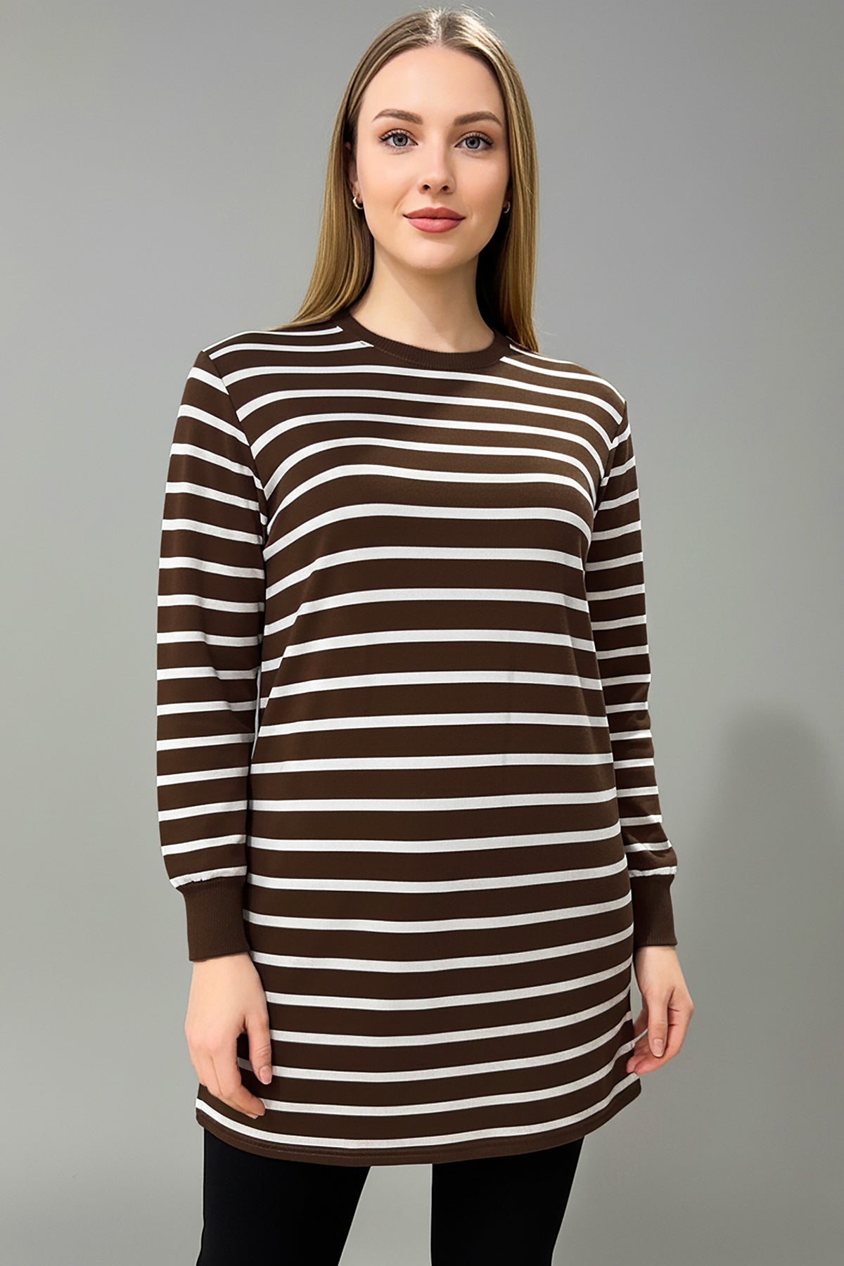 Büyük Beden Yan Yırtmaçlı Bisiklet Yaka Çizgili Tunik Kahverengi