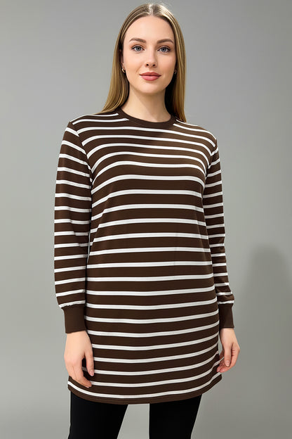 Büyük Beden Yan Yırtmaçlı Bisiklet Yaka Çizgili Tunik Kahverengi