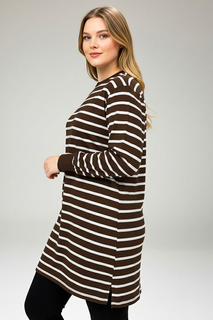 Büyük Beden Yan Yırtmaçlı Bisiklet Yaka Çizgili Tunik Kahverengi