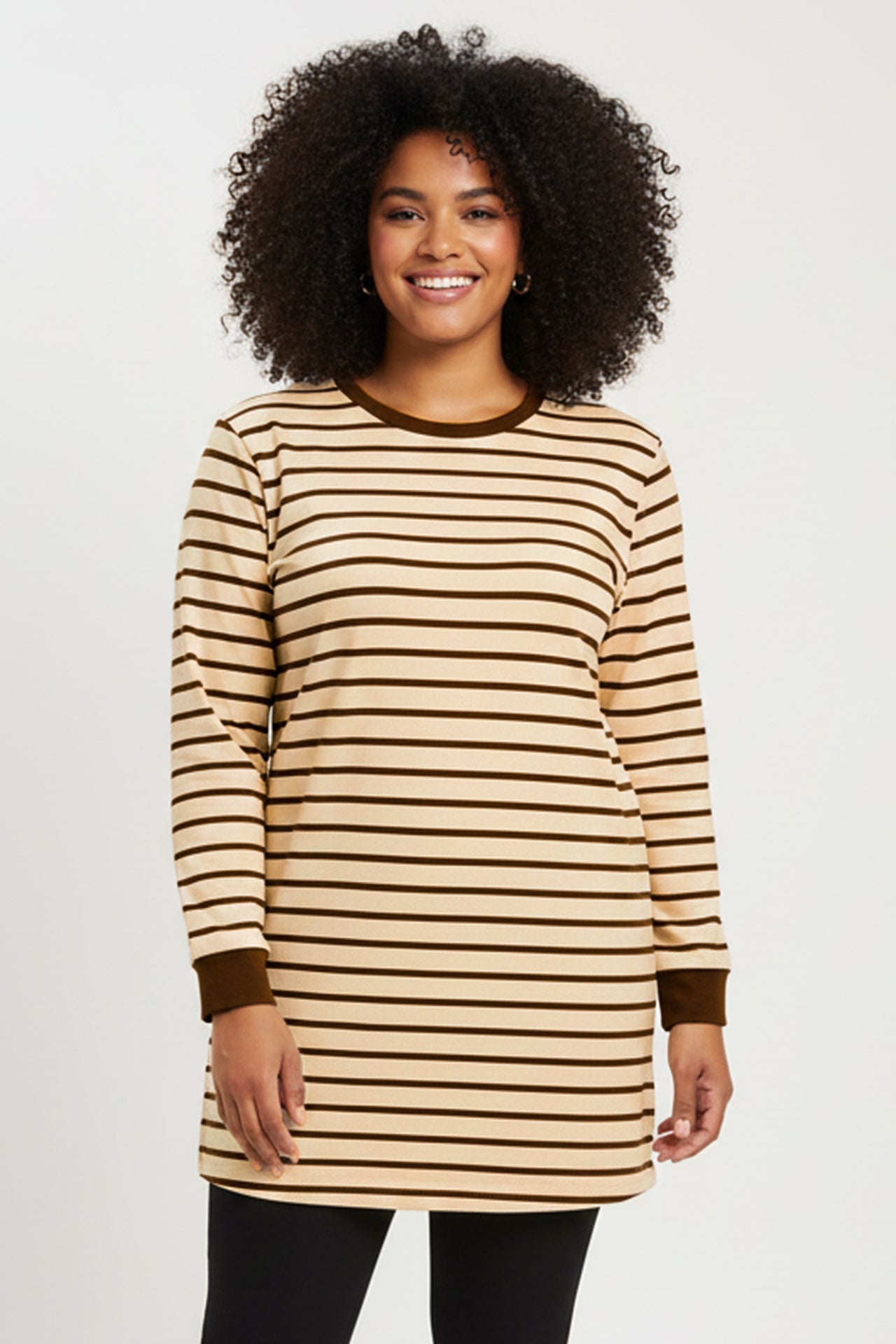 Büyük Beden Yan Yırtmaçlı Bisiklet Yaka Çizgili Tunik Krem