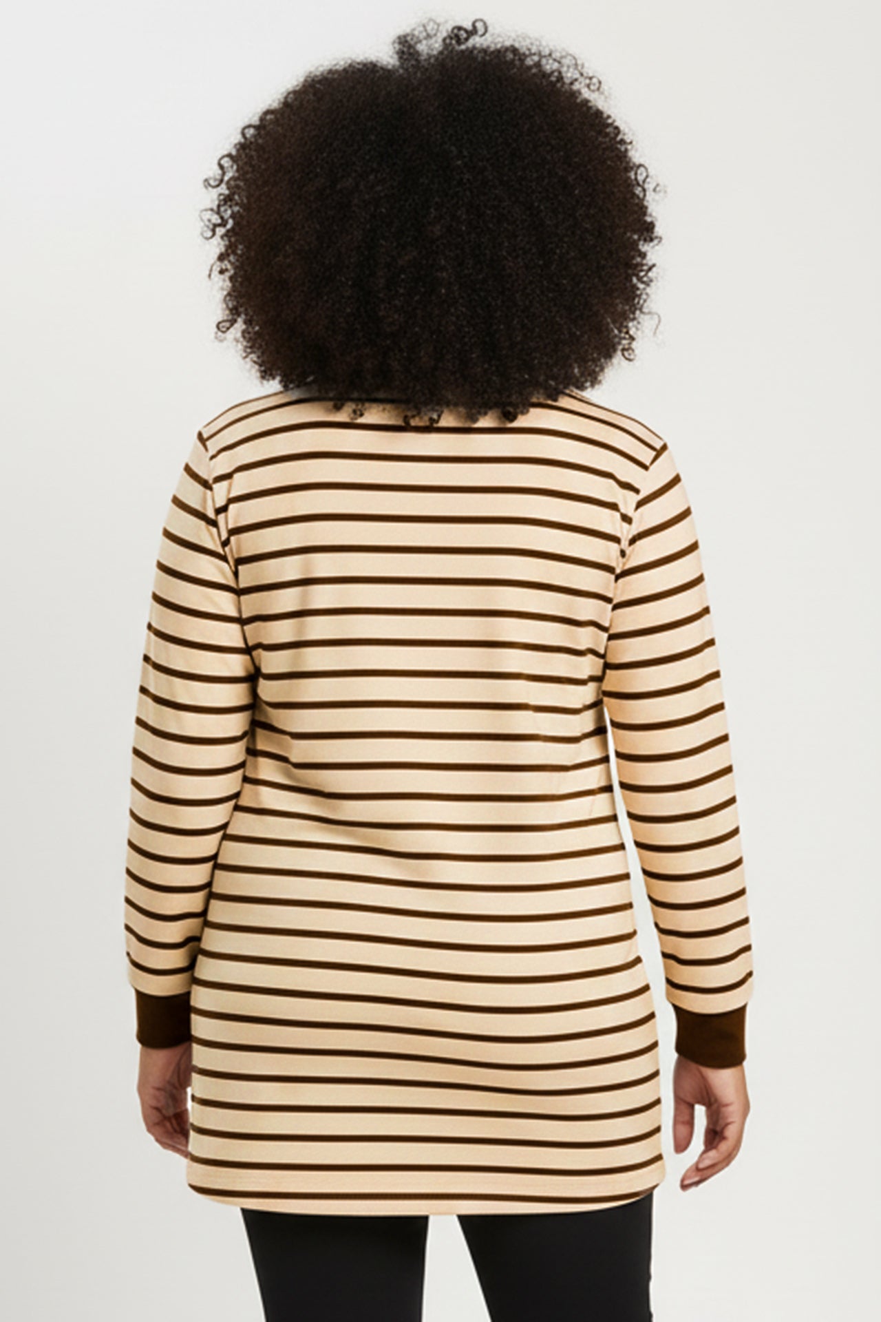 Büyük Beden Yan Yırtmaçlı Bisiklet Yaka Çizgili Tunik Krem