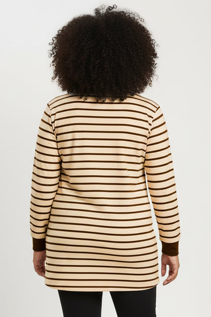 Büyük Beden Yan Yırtmaçlı Bisiklet Yaka Çizgili Tunik Krem